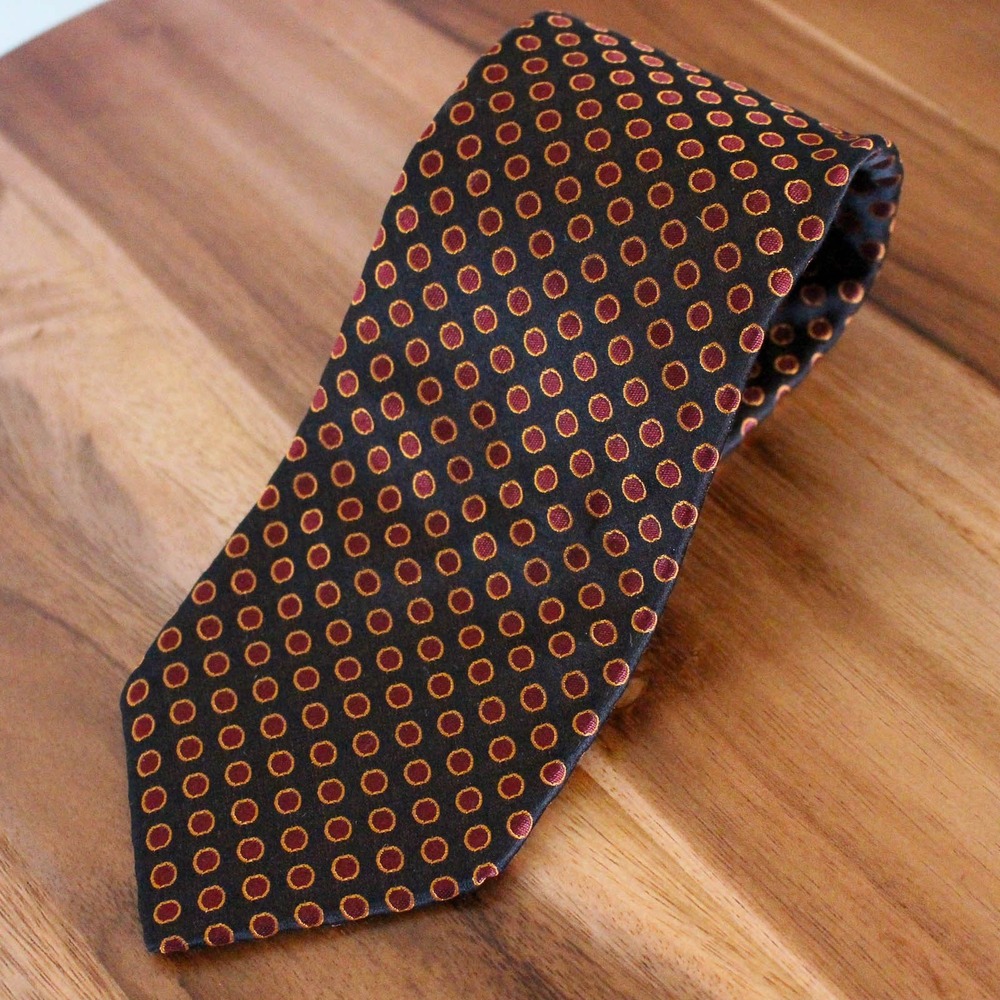 Toni Gard Silk Neck Tie Black Red Gold Polka Dot Circle Pattern 58" Necktie